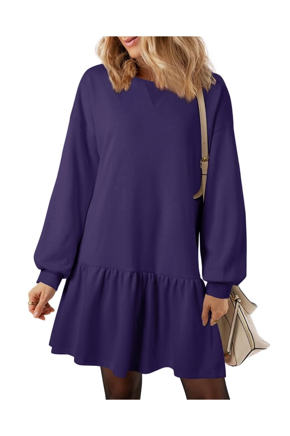 Fall Dresses for Women Winter Long Sleeve Crewneck Oversized Casual Pullover Patchwork Sweatshirt Dress