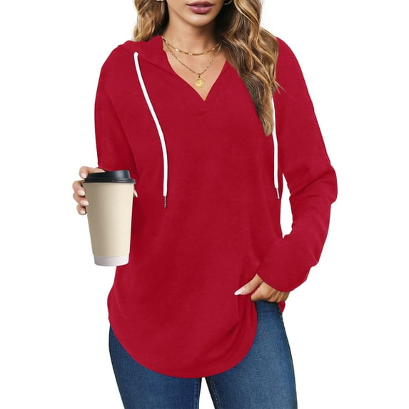 UVN Fall Hoodies for Women Long Sleeve V Neck Hooded Sweatshirts Ladies Loose Casual Drawstring Pullover Tops