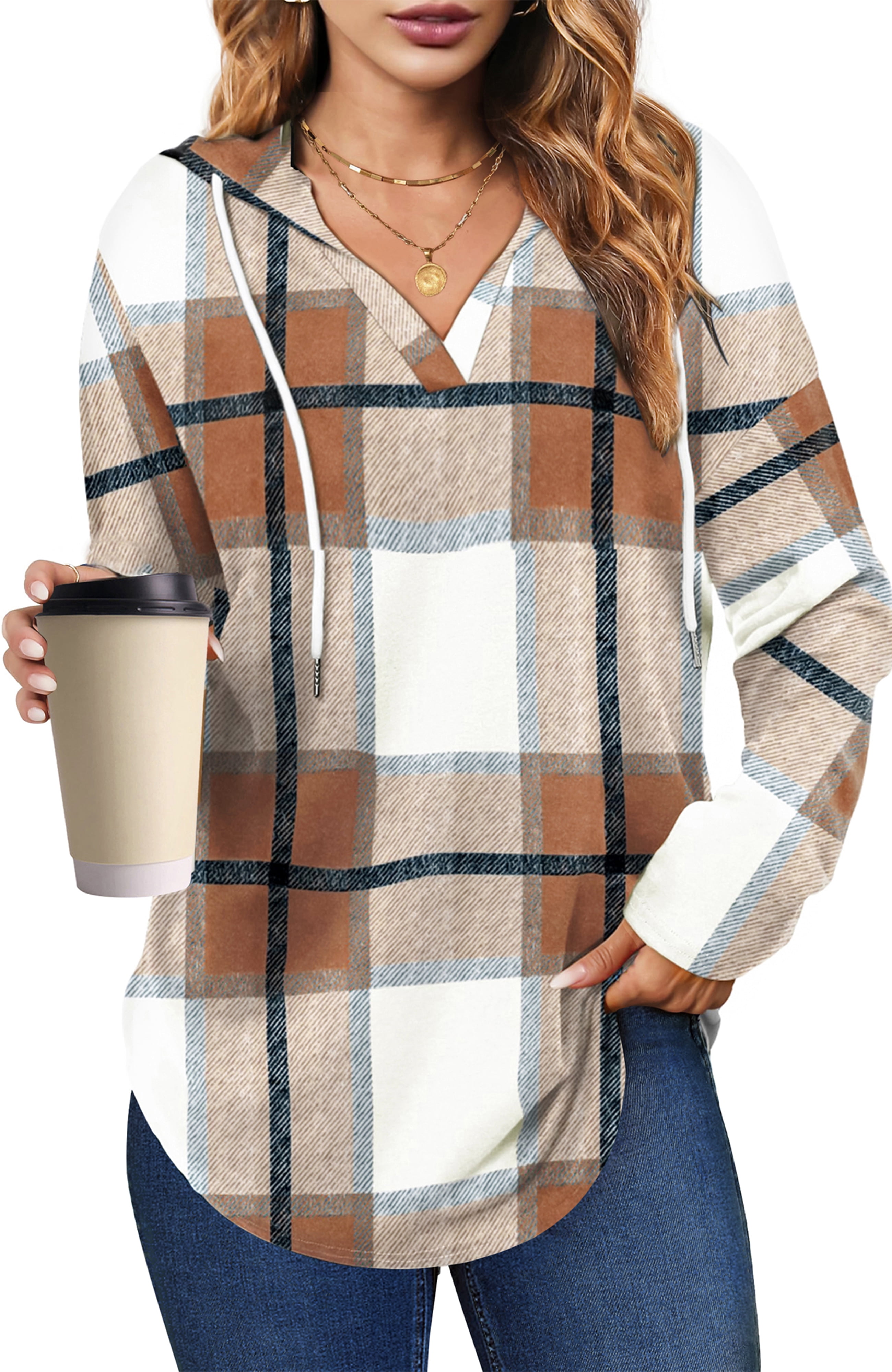 Fall Hoodies for Women Long Sleeve V Neck Hooded Sweatshirts Ladies Loose Casual Drawstring Pullover Tops