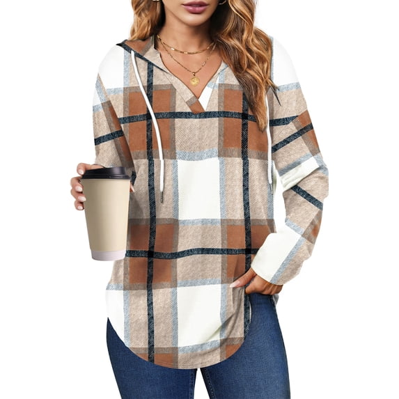 UVN Fall Hoodies for Women Long Sleeve V Neck Hooded Sweatshirts Ladies Loose Casual Drawstring Pullover Tops