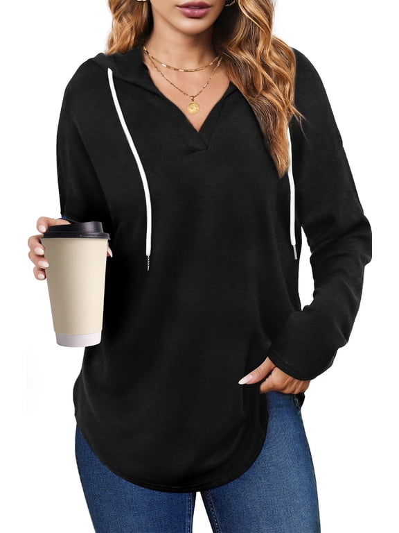 Fall Hoodies for Women Long Sleeve V Neck Hooded Sweatshirts Ladies Loose Casual Drawstring Pullover Tops