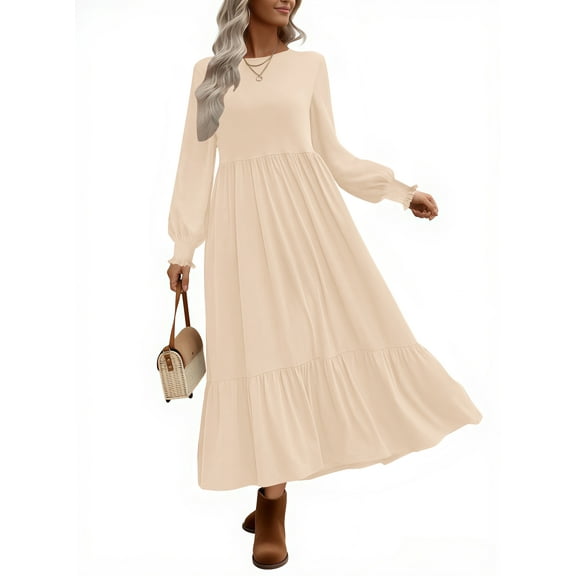 UVN Fall Long Dress for Women Crewneck Casual Long Sleeve Pleated Dresses with Pockets