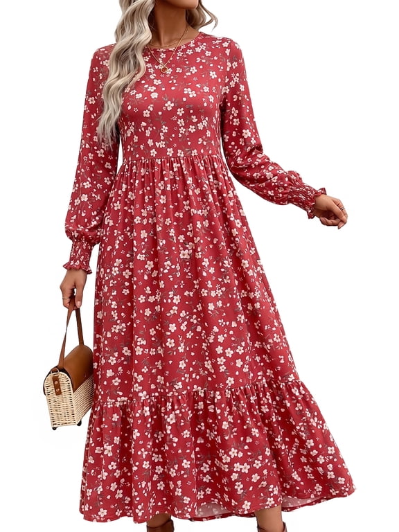 Fall Long Dress for Women Crewneck Casual Long Sleeve Pleated Dresses with Pockets