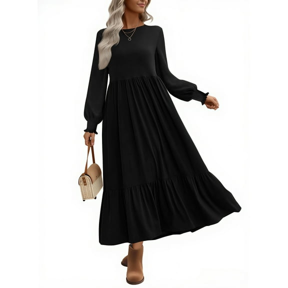 UVN Fall Long Dress for Women Crewneck Casual Long Sleeve Pleated Dresses with Pockets