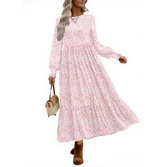 UVN Fall Long Dress for Women Crewneck Casual Long Sleeve Pleated Dresses with Pockets