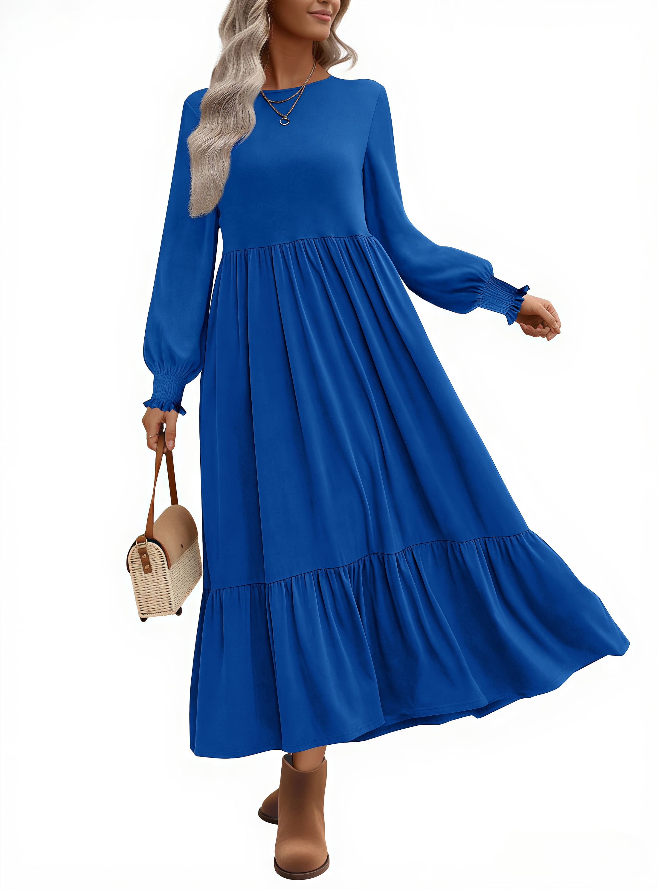 Uvn Fall Long Dress for Women Crewneck Casual Long Sleeve Pleated Dresses with Pockets