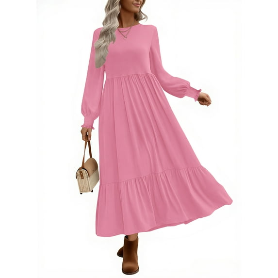 UVN Fall Long Dress for Women Crewneck Casual Long Sleeve Pleated Dresses with Pockets