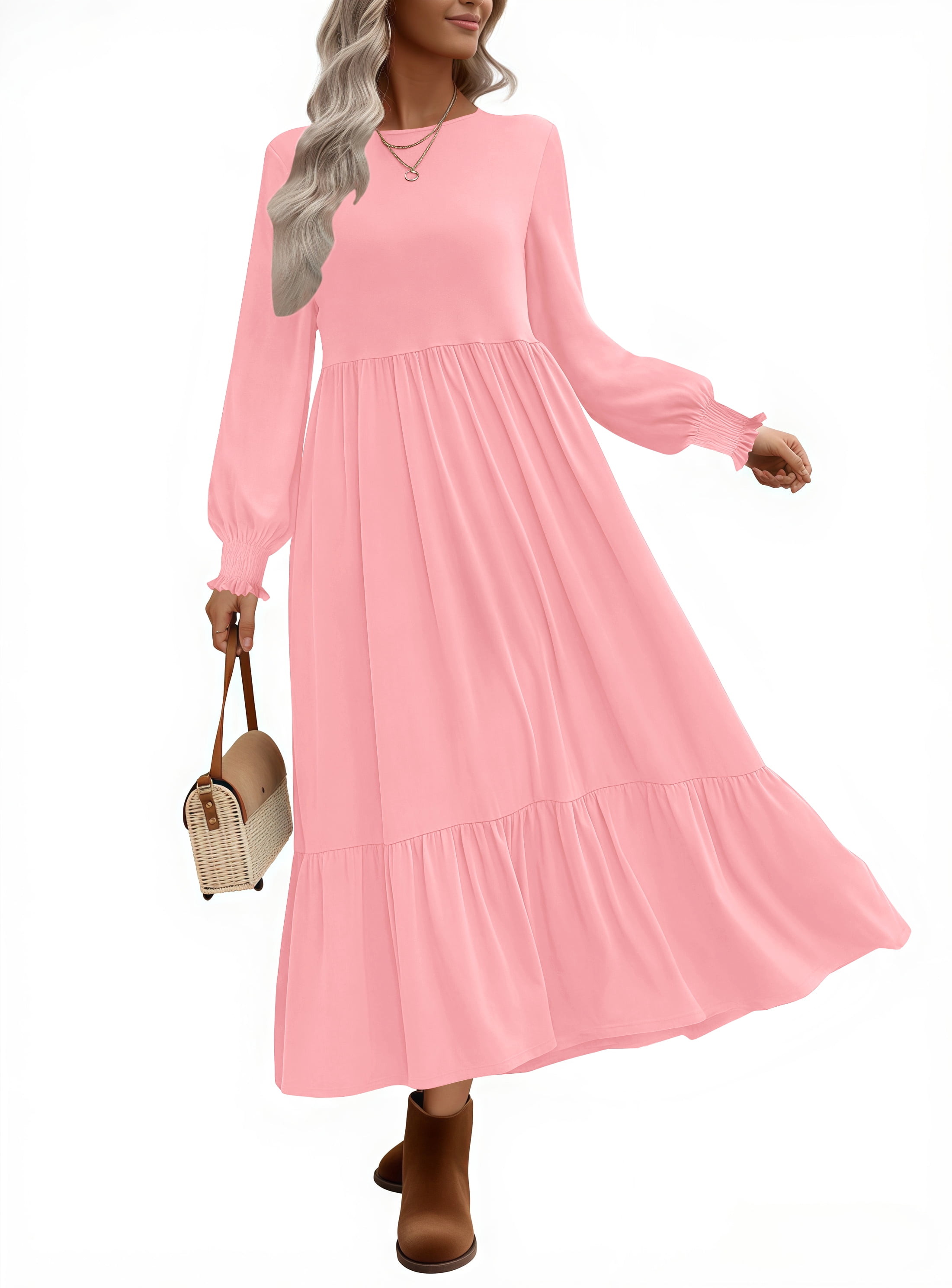 Uvn Fall Long Dress for Women Crewneck Casual Long Sleeve Pleated Dresses with Pockets