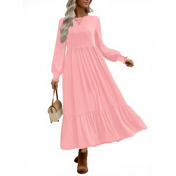 UVN Fall Long Dress for Women Crewneck Casual Long Sleeve Pleated Dresses with Pockets