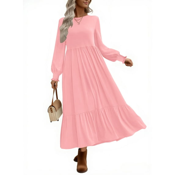UVN Fall Long Dress for Women Crewneck Casual Long Sleeve Pleated Dresses with Pockets