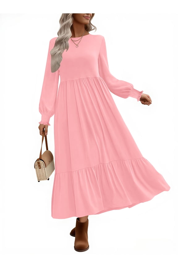 Fall Long Dress for Women Crewneck Casual Long Sleeve Pleated Dresses with Pockets