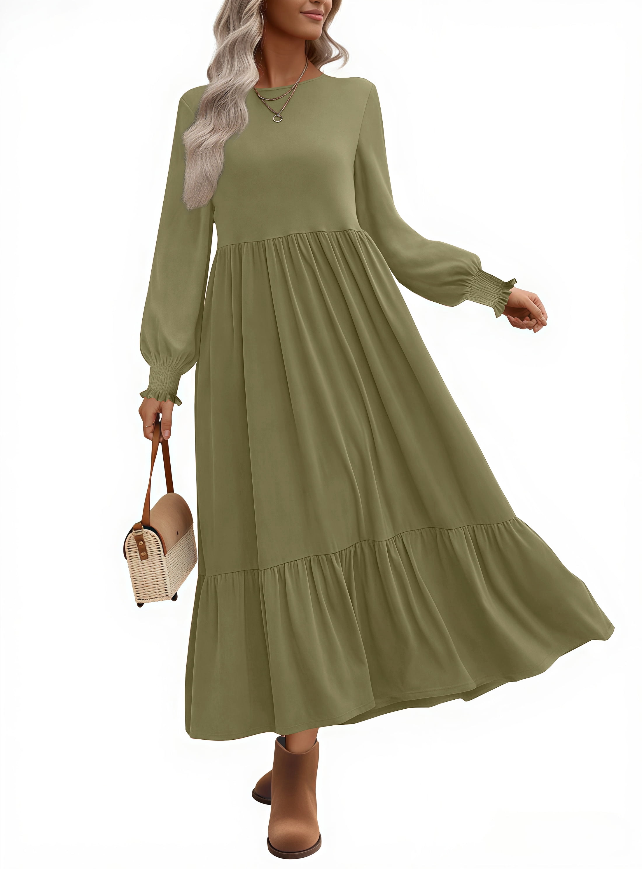 Uvn Fall Long Dress for Women Crewneck Casual Long Sleeve Pleated Dresses with Pockets