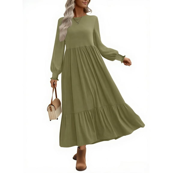 UVN Fall Long Dress for Women Crewneck Casual Long Sleeve Pleated Dresses with Pockets