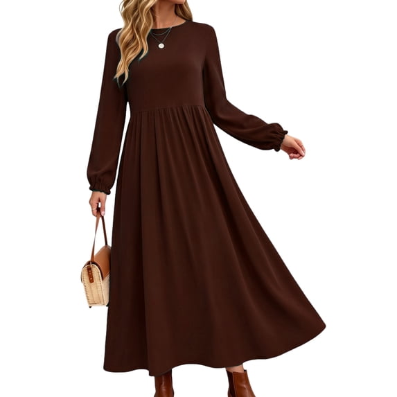 UVN Fall Long Dress for Women Crewneck Casual Long Sleeve Pleated Dresses with Pockets