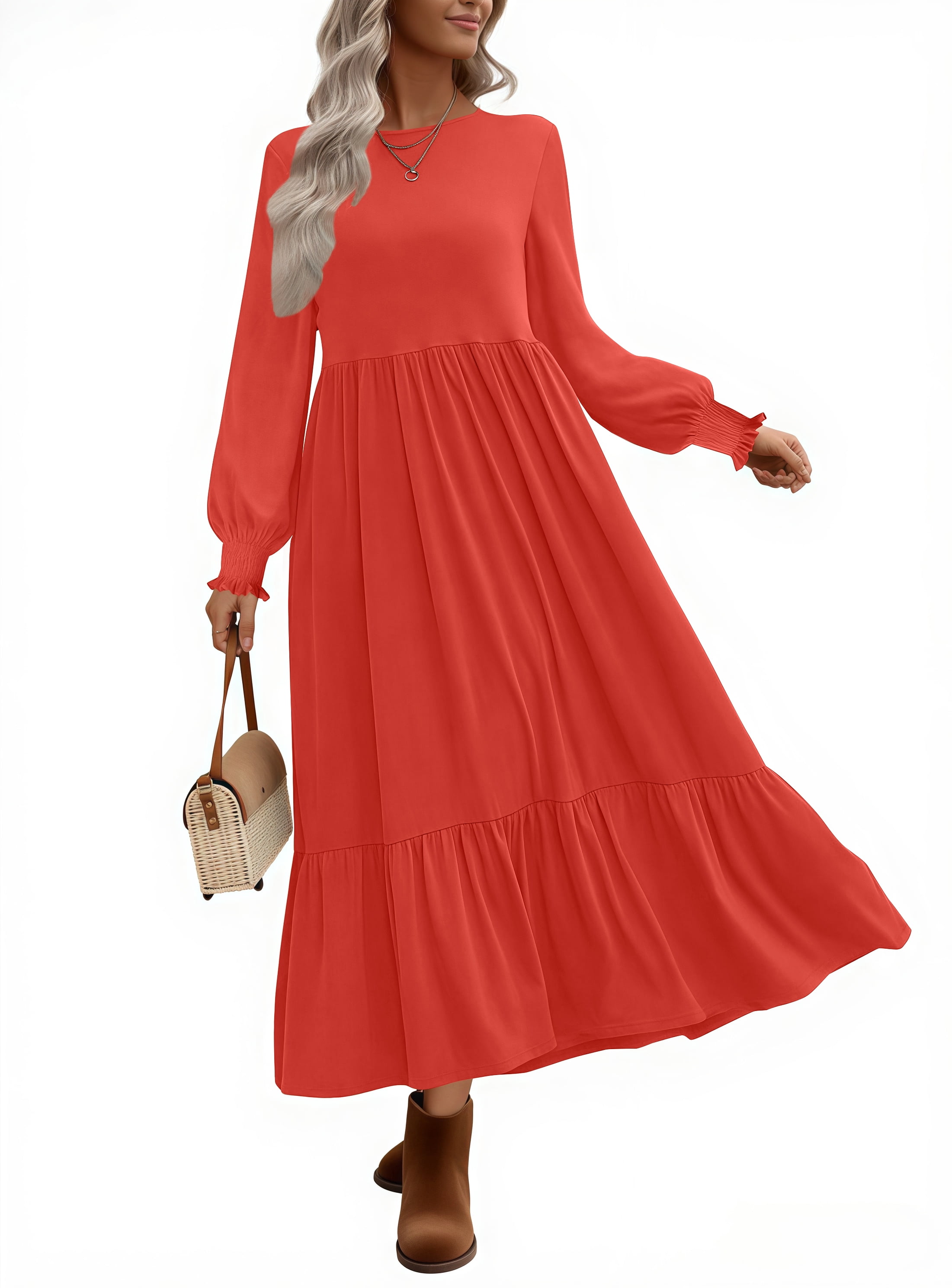 UVN Fall Long Dress for Women Crewneck Casual Long Sleeve Pleated Dresses  with Pockets - Walmart.com