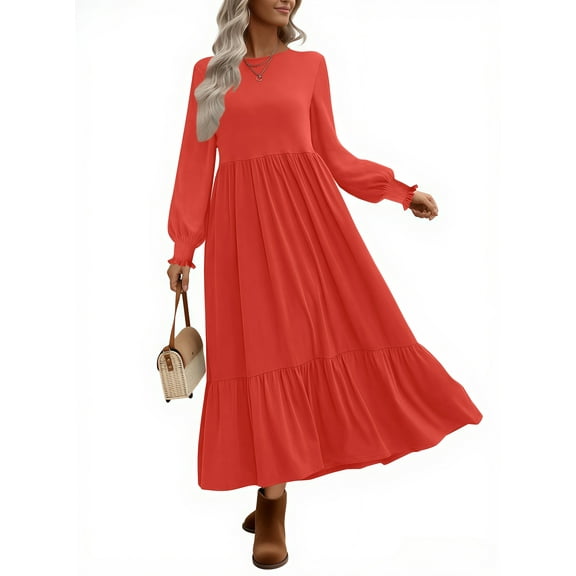 UVN Fall Long Dress for Women Crewneck Casual Long Sleeve Pleated Dresses with Pockets