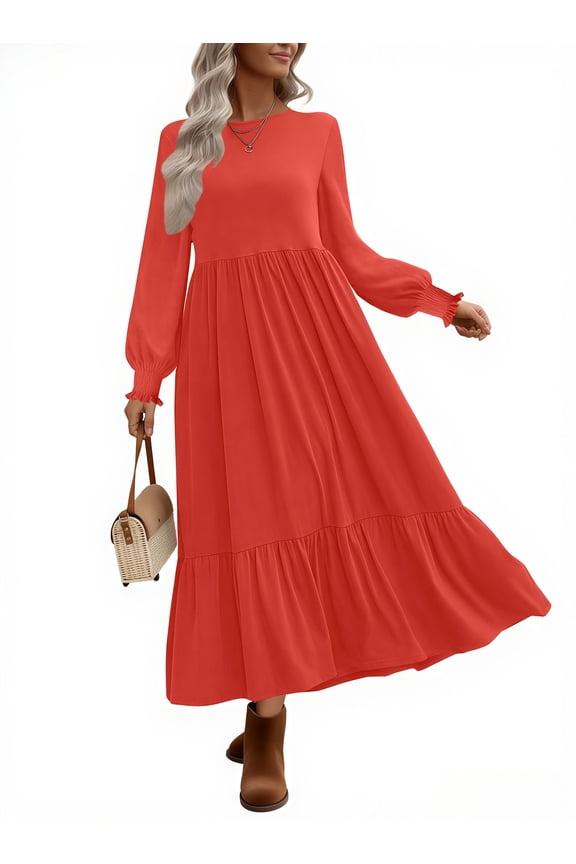 Fall Long Dress for Women Crewneck Casual Long Sleeve Pleated Dresses with Pockets