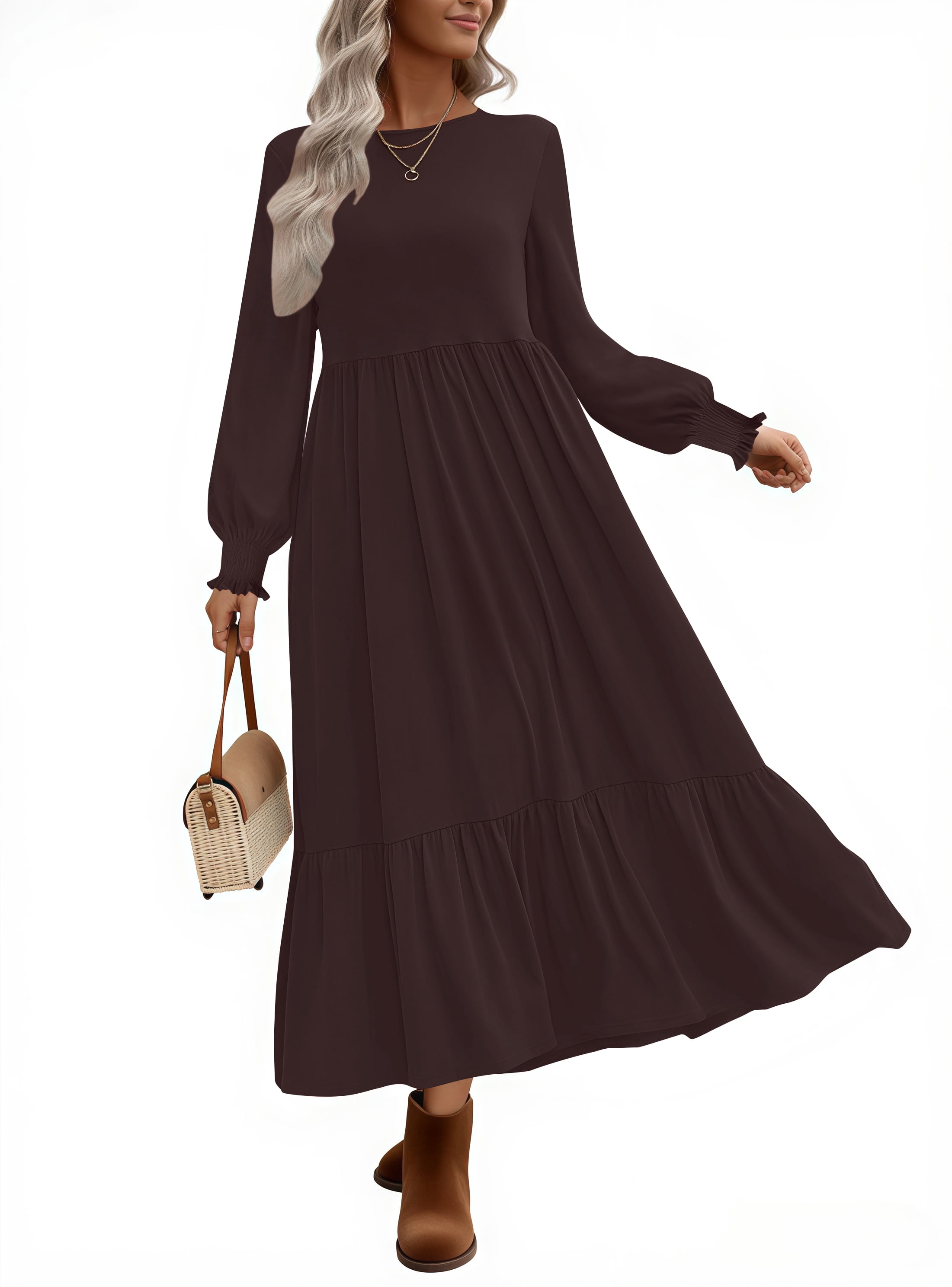 uvn fall long dress walmart Uvn Fall Long Dress for Women Crewneck Casual Long Sleeve Pleated Dresses with Pockets, Women's, Size: Large, Black
