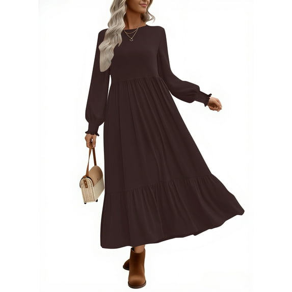 UVN Fall Long Dress for Women Crewneck Casual Long Sleeve Pleated Dresses with Pockets