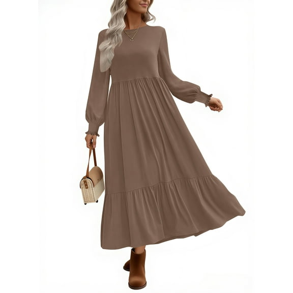 UVN Fall Long Dress for Women Crewneck Casual Long Sleeve Pleated Dresses with Pockets