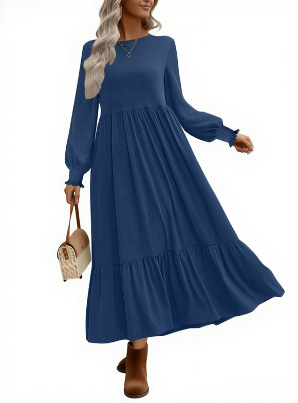 Fall Long Dress for Women Crewneck Casual Long Sleeve Pleated Dresses with Pockets