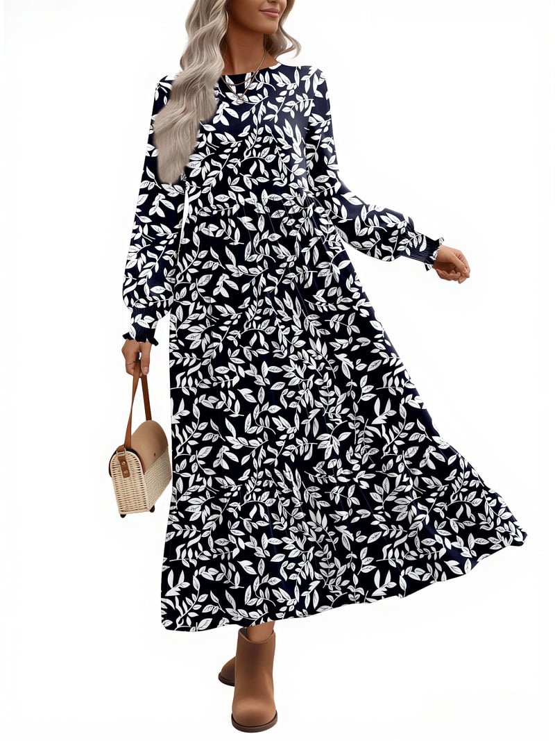 Uvn Fall Long Dress for Women Crewneck Casual Long Sleeve Pleated Dresses with Pockets