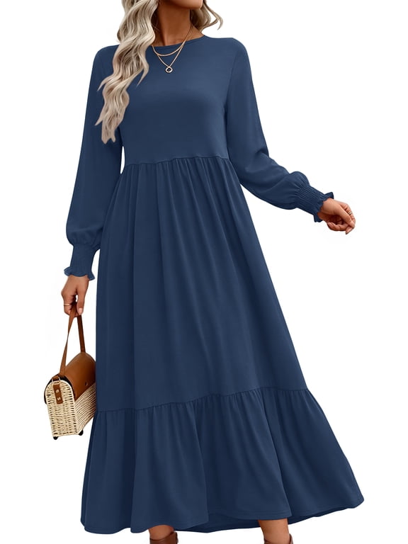 Fall Long Dress for Women Crewneck Casual Long Sleeve Pleated Dresses with Pockets