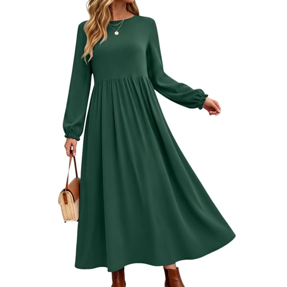 UVN Fall Long Dress for Women Crewneck Casual Long Sleeve Pleated Dresses with Pockets