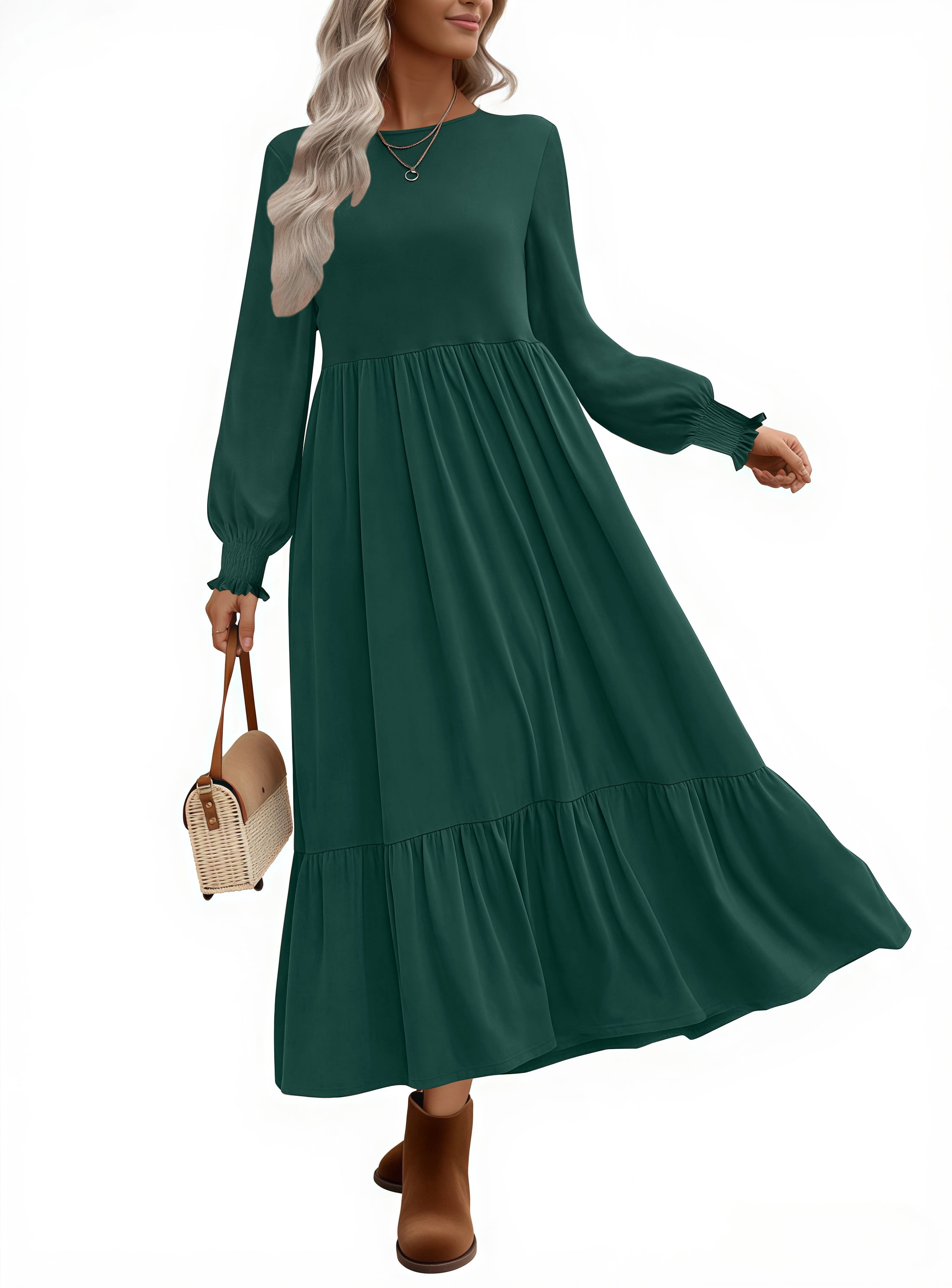 walmart is offering the uvn fall long dress for $18 Uvn Fall Long Dress for Women Crewneck Casual Long Sleeve Pleated Dresses with Pockets, Women's, Size: Large, Pink