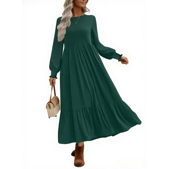UVN Fall Long Dress for Women Crewneck Casual Long Sleeve Pleated Dresses with Pockets