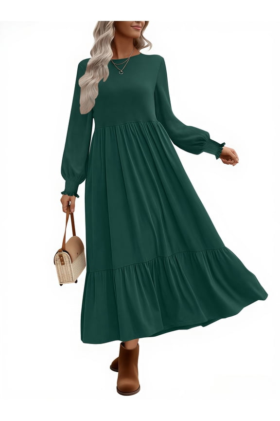 Fall Long Dress for Women Crewneck Casual Long Sleeve Pleated Dresses with Pockets