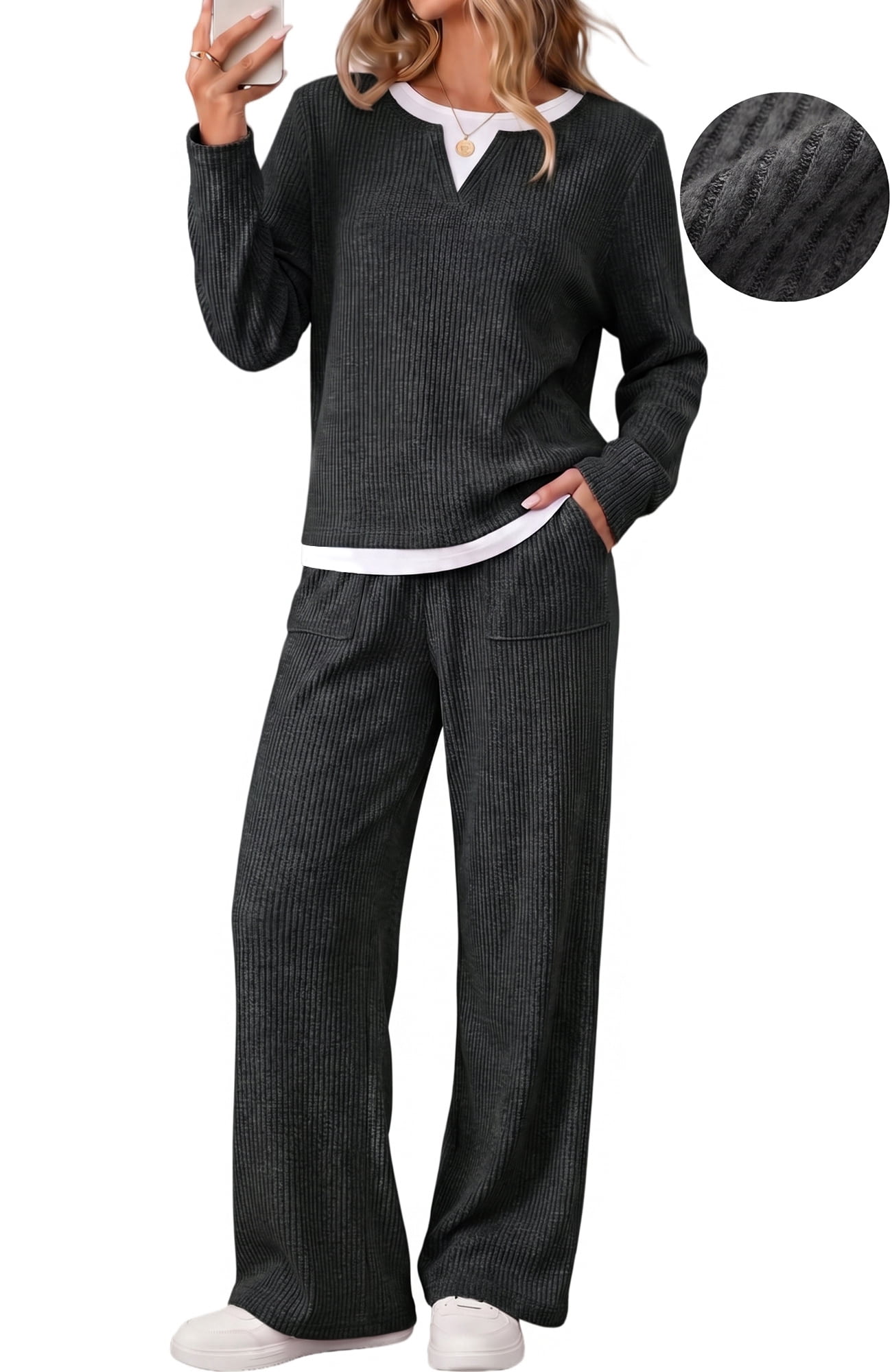 UVN Fall 2 Peice outfit set for Women Color Block Tops and Wide Leg ...
