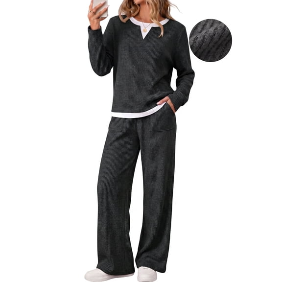 UVN Fall 2 Peice outfit set for Women Color Block Tops and Wide Leg Pants Ladies Sweatsuit Casual Matching Set