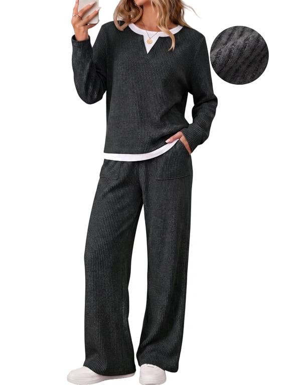 Fall 2 Peice outfit set for Women Color Block Tops and Wide Leg Pants Ladies Sweatsuit Casual Matching Set