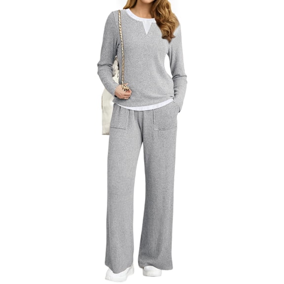 UVN Fall Matching Set for Women Color Block Tops and Wide Leg Pants Ladies Sweatsuit Casual 2 Peice Set