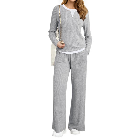 UVN Fall Matching Set for Women Color Block Tops and Wide Leg Pants Ladies Sweatsuit Casual 2 Peice Set