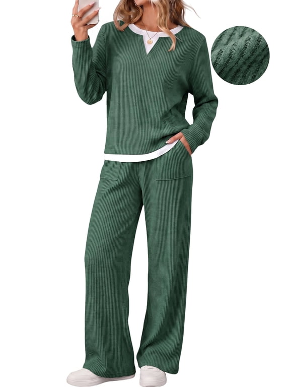Fall 2 Peice outfit set for Women Color Block Tops and Wide Leg Pants Ladies Sweatsuit Casual Matching Set