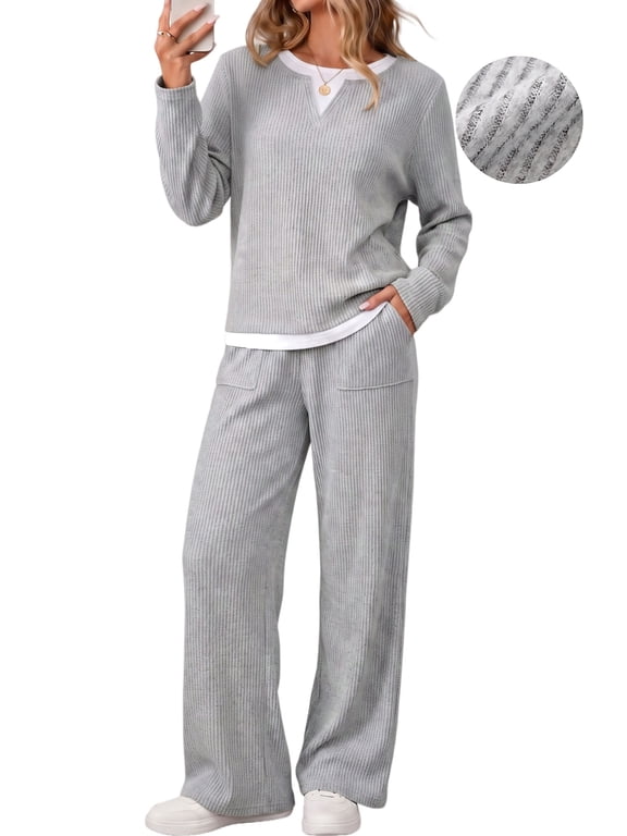 Fall 2 Peice outfit set for Women Color Block Tops and Wide Leg Pants Ladies Sweatsuit Casual Matching Set