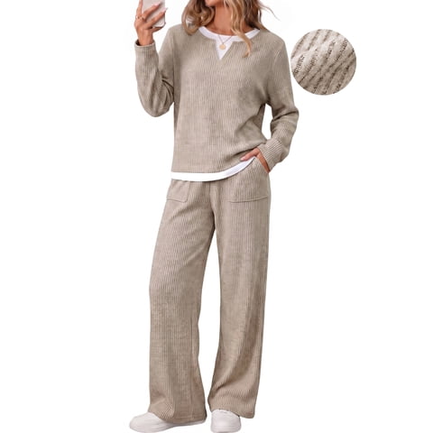 Fall 2 Peice outfit set for Women Color Block Tops and Wide Leg Pants Ladies Sweatsuit Casual Matching Set