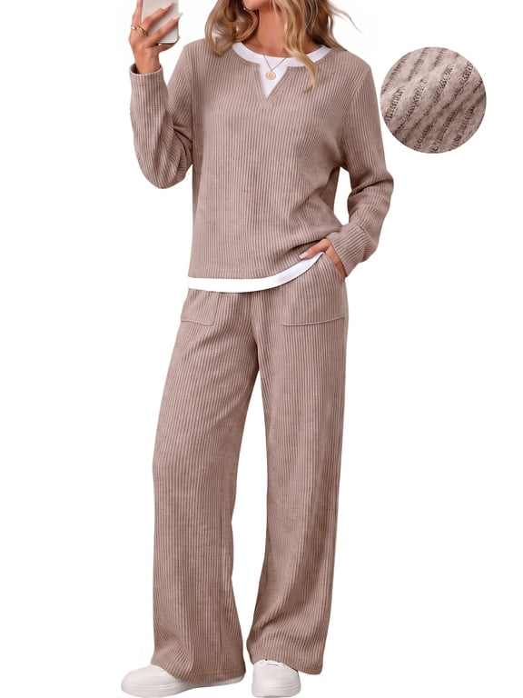 Fall 2 Peice outfit set for Women Color Block Tops and Wide Leg Pants Ladies Sweatsuit Casual Matching Set