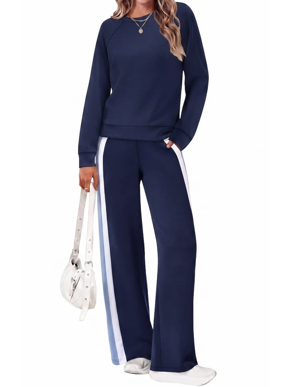 Fall 2 Piece Outfit Set for Women Long Sleeve Top and Color Block Pants Ladies Casual Lounge Matching Set