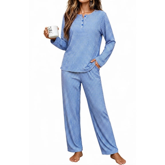 UVN Fall Cotton Two Piece Pajamas for Women Plaid Henley Collar Long Sleeve Top and Wide Leg Pant Ladies Sleepwear Casual Lounge Sets