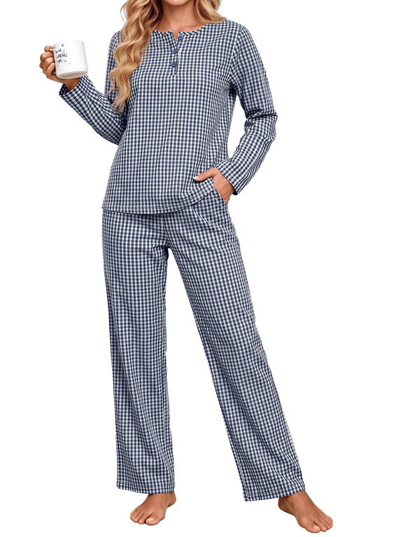 Fall Cotton Two Piece Pajamas for Women Plaid Henley Collar Long Sleeve Top and Wide Leg Pant Ladies Sleepwear Casual Lounge Sets