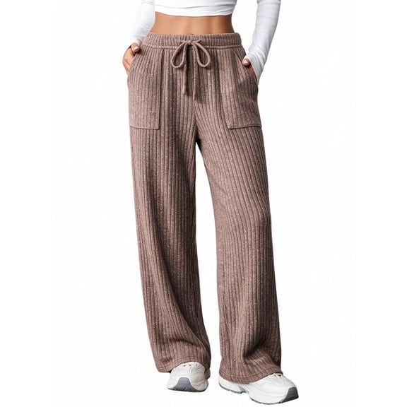 UVN Fall Pants for Women Wide Leg Sweatpants Ladies Casual Work Lounge Pants Knit Stretchy Elastic Drawstring Trousers with Pockets