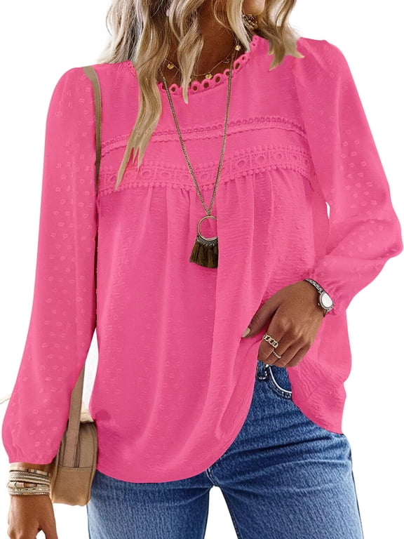 Fall Shirts for Women Long Sleeve Blouses Ladies Crewneck Lace Crochet Tops Dressy Chiffon Blouses