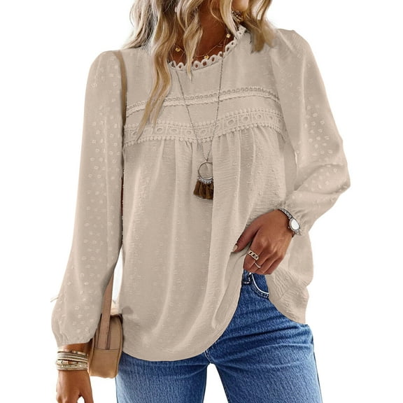 UVN Fall Shirts for Women Long Sleeve Blouses Ladies Crewneck Lace Crochet Tops Dressy Chiffon Blouses