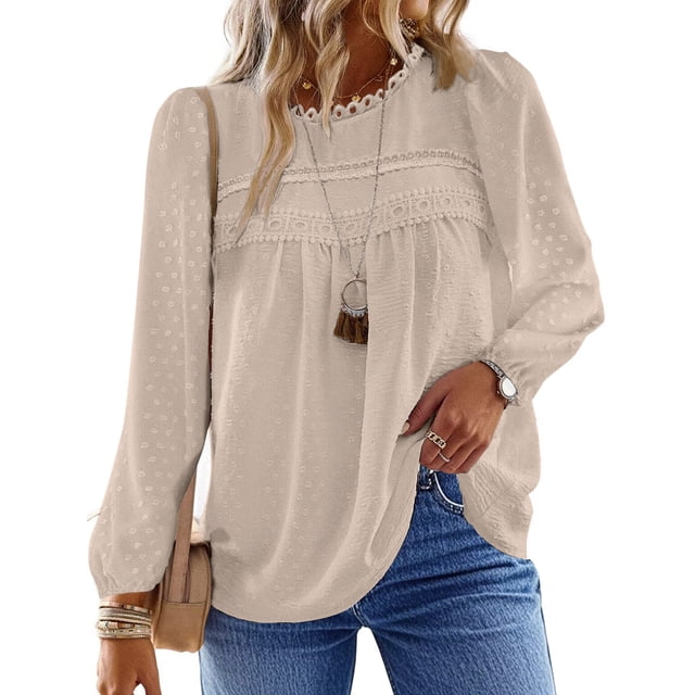 UVN Fall Shirts for Women Long Sleeve Blouses Ladies Crewneck Lace Crochet Tops Dressy Chiffon Blouses