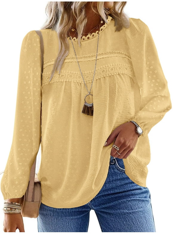 Fall Shirts for Women Long Sleeve Blouses Ladies Crewneck Lace Crochet Tops Dressy Chiffon Blouses