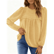 UVN Fall Shirts for Women Long Sleeve Blouses Ladies Crewneck Lace Crochet Tops Dressy Chiffon Blouses