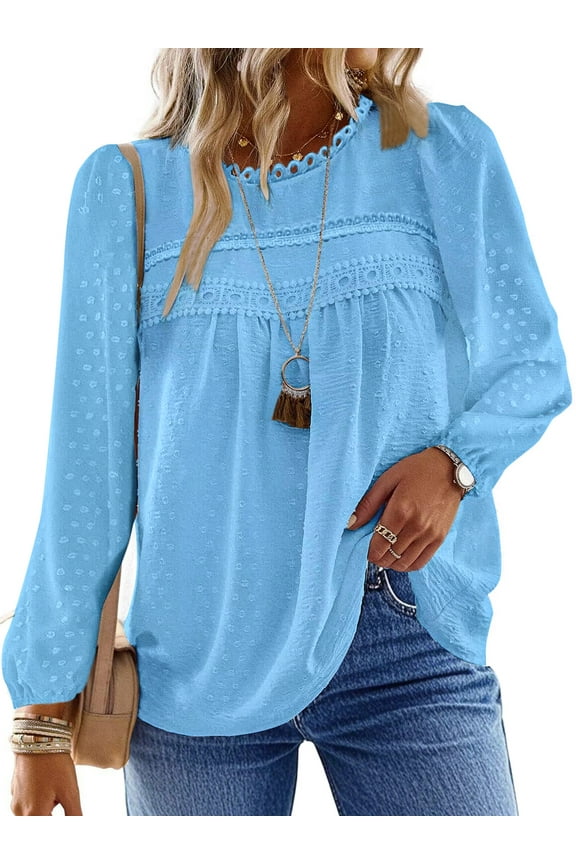 Fall Shirts for Women Long Sleeve Blouses Ladies Crewneck Lace Crochet Tops Dressy Chiffon Blouses